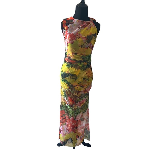 ZARA WOMENS LONG DRAPED FLORAL PRINTED TULLE DRESS SLIT sz M (B26) - Picture 15 of 16